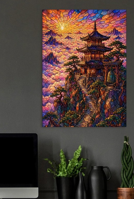Stained Glass Pagoda Above Clouds — metal poster wall art by Lineer